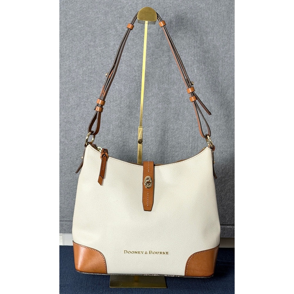 Dooney & Bourke White Pebbled Leather Shoulder Bag Lg Cognac Trim Hobo Classic